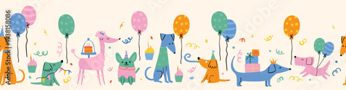 Fun hand drawn party dogs, seamless pattern, colorful birthday background, great for wrapping paper, party supplies, textiles - vector