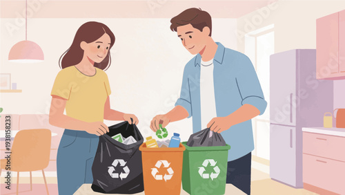Couple sorting recycling in kitchen, promoting eco-friendly living