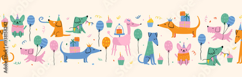 Fun hand drawn party dogs, seamless pattern, colorful birthday background, great for wrapping paper, party supplies, textiles - vector