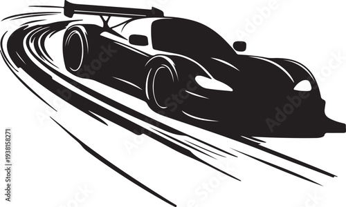A sleek black sports car with a large rear spoiler is depicted in motion leaving dynamic speed lines behind it high quality professional detailed modern elegant