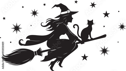 Black silhouette witch and cat on broomstick vector