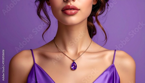 Close-up of a woman's neck and chest, adorned with a purple gemstone pendant