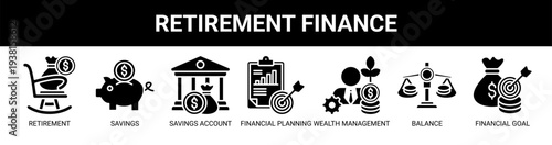Retirement Finance web banner icon vector illustration concept with icons of retirement, savings, savings account, financial planning, wealth management, balance, and financial goal.