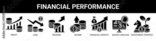Financial Performance web banner icon vector illustration concept with icons of profit, loss, revenue, income, financial growth, budget analysis, and investment strategy.