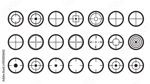 Crosshair icons set with various reticles and crosshair designs for targeting and aiming purposes. featuring reticle, scope, sight with target and