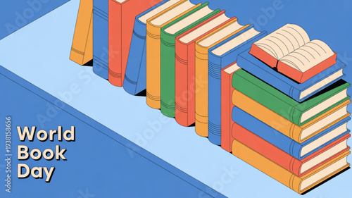 Colorful books stacked on blue surface for world book day celebration with open book on top