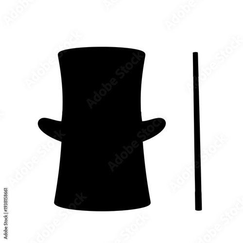 Black Silhouette Top Hat and Wand on White Background.