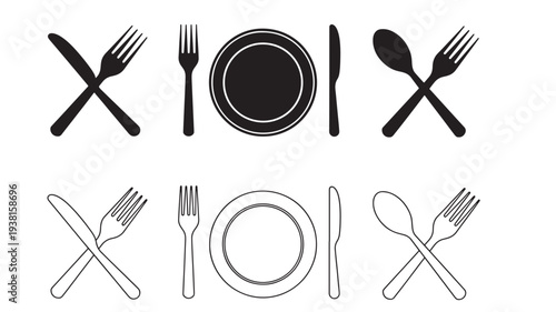 Plates and cutlery icons with black solid and outline styles, arranged horizontally on a white background for dining and food services.