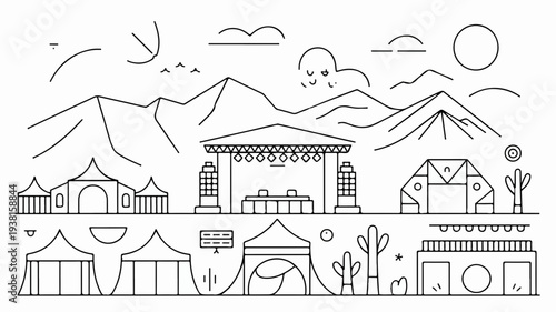 Simple line art illustration of tents and mountains landscape with sun and clouds perfect for camping or outdoor adventure themes
