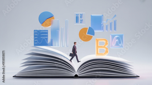 Businessman stepping on open book with floating data charts and graphs symbolizing knowledge and finance
