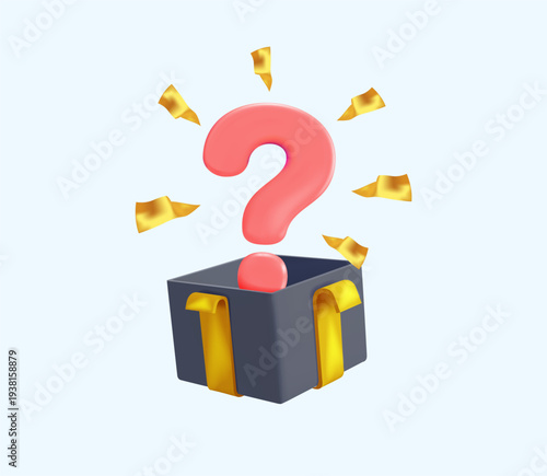 Mystery box icon, open surprise gift with question mark, minimal 3D vector illustration white background. Secret prize