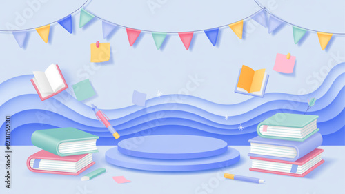 Colorful books and stationery on a blue background with a round podium and festive bunting for education or learning