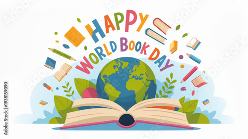 Happy world book day celebration with open book and globe surrounded by colorful books and leaves on blue background