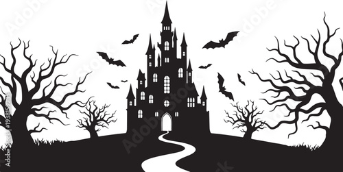 Black silhouette of a haunted castle with trees and bats vector