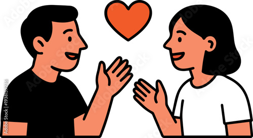 Minimalist Flat Vector Illustration of a Couple Talking with Heart Symbol, Romantic Relationship and Communication Concept, Happy Man and Woman Interacting for Dating and Love Branding