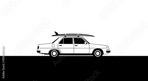 Car with surfboard on roof rack isolated on white