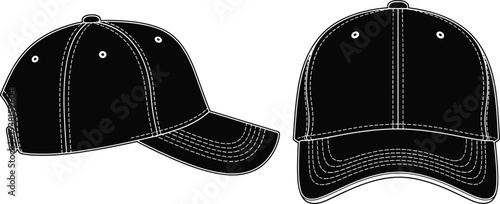 baseball cap silhouette vector illustration, front and side view blank snapback hat design, fashion headwear template mockup collection