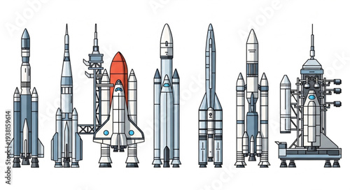 Collection of various rockets and spacecraft illustrations.
