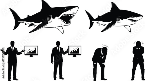 business shark metaphor vector illustration, aggressive market competition concept, businessman success and failure silhouettes, financial growth risk strategy symbol