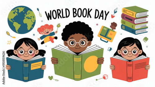 Diverse children reading books on world book day with globe and educational elements