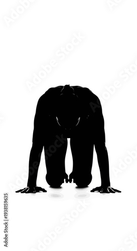 Man in black silhouette on all fours on white background