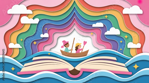Children sail boat on waves emerging from open book with rainbow background and clouds