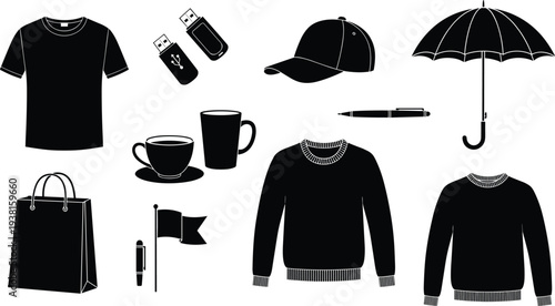 everyday objects silhouette set, t shirt cap sweater mug usb umbrella shopping bag pen accessories vector illustration collection isolated