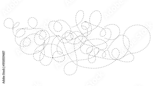 Dashed black lines creating an abstract tangled pattern of ellipses and curves on a white background, minimalistic design.