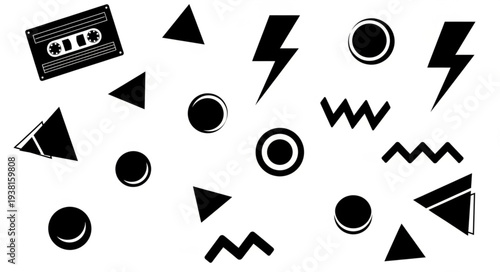 Retro 80s Memphis Style Geometric Shapes and Cassette Tape.