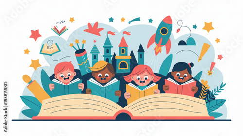Diverse kids reading books with castle and rocket in background surrounded by colorful stars and learning tools