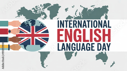 International english language day celebration with diverse hands and globe on world map background