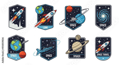 Set of Space Exploration Badges with Rockets Planets and Stars.