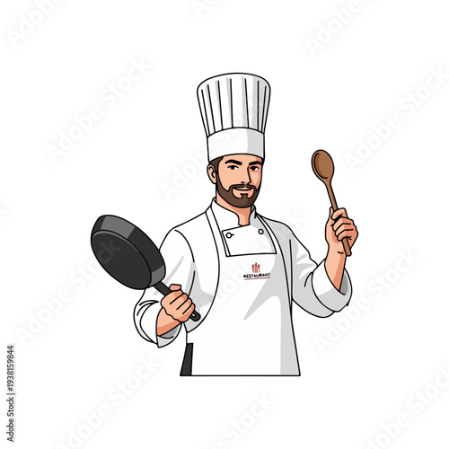 Professional Chef Vector Illustration - Culinary Expert with Hat and Cooking Utensils Concept