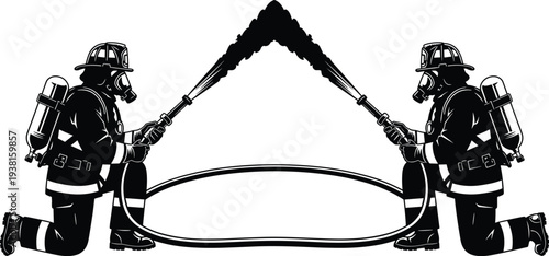 firefighter silhouette vector illustration, firemen spraying water hose, fire rescue emergency service concept, firefighting team protection safety design