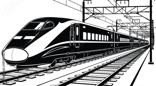high speed train vector illustration, modern railway transportation concept, electric passenger train on tracks, railway infrastructure perspective design