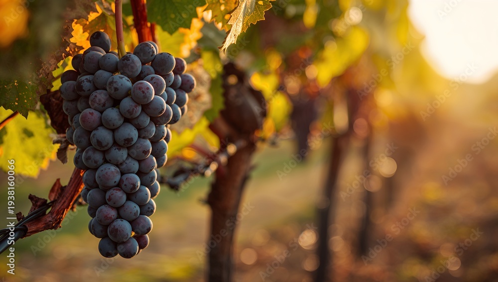 Fototapeta premium Close-up of Fresh Grapes on Vine with Warm Sunset Glow
