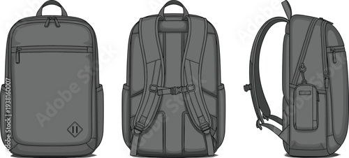 modern backpack vector illustration, travel bag design, school backpack front back side view, laptop bag concept, realistic rucksack mockup