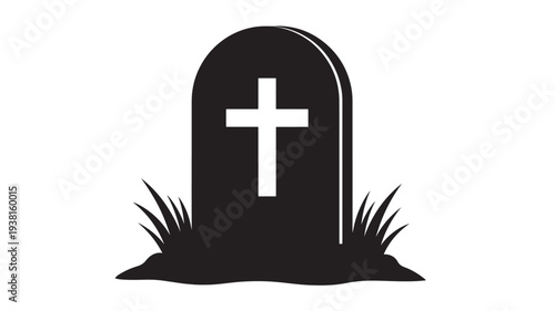 Tombstone with cross and grass icon symbolizing death, memorial, and afterlife. featuring grave, cemetery, religious symbol with RIP and graveyard