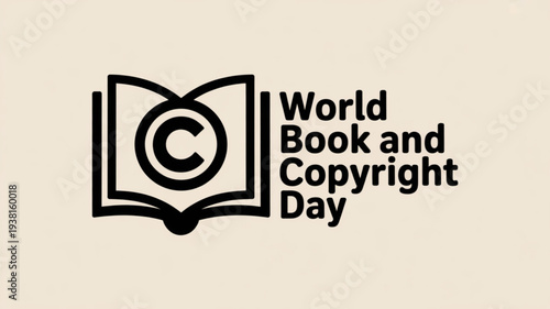 World book and copyright day logo with open book and copyright symbol on beige background