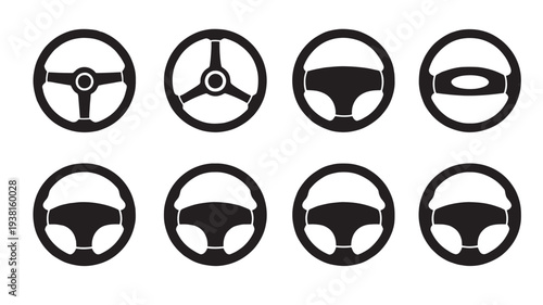 Steering wheels set with diverse styles and spoke designs, symbolizing automotive control and driving.