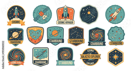 Collection of Retro Space Exploration Badges and Emblems.
