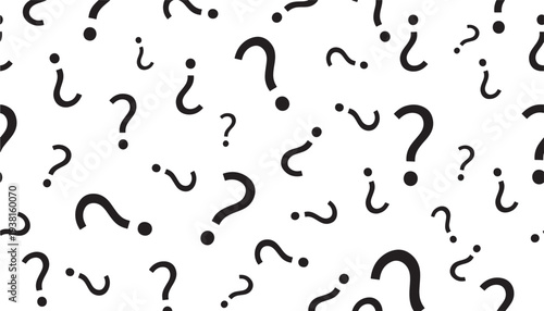 Question marks scattered randomly across a white background with a pattern of varying sizes and orientations, representing curiosity.