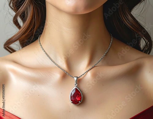 Close-up of a woman's neck and chest wearing a teardrop-shaped red pendant