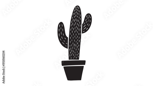 Cactus in a pot with a simple black silhouette and white lines representing spines, isolated on white.