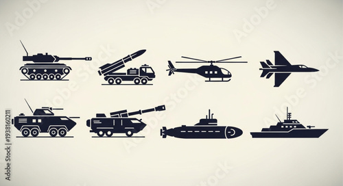 Collection of military vehicles and aircraft icons.