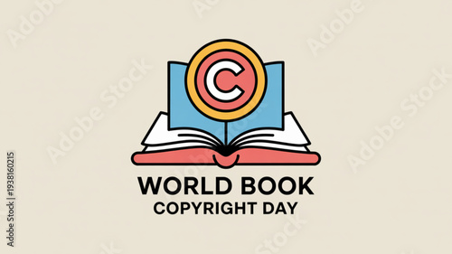 World book copyright day logo with open book and copyright symbol on beige background