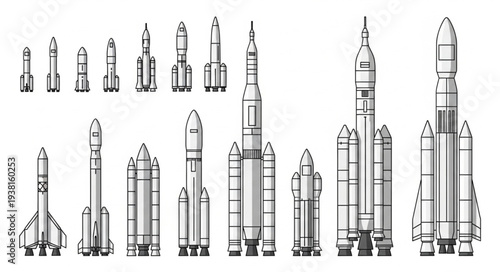 Collection of various rocket designs and spacecraft illustrations.