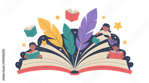 Children reading books on an open book with colorful leaves and feathers floating around them in a whimsical scene