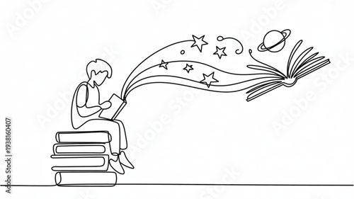 Student sitting on stack of books reading and imagining universe with stars and planets