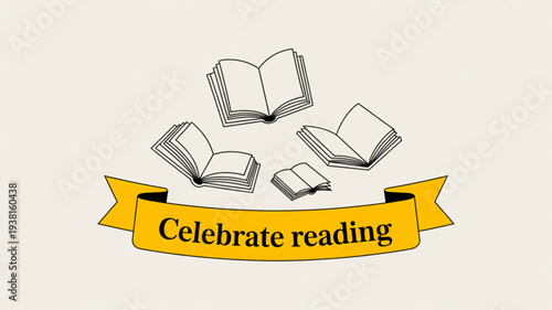 Celebrate reading banner with floating open books illustration on cream background perfect for literacy promotions and educational materials
